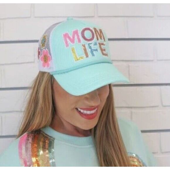New SIMPLY SOUTHERN Sequin Letter MOM LIFE Trucker Cap Hat Mesh Back Minty Green - Picture 2 of 7